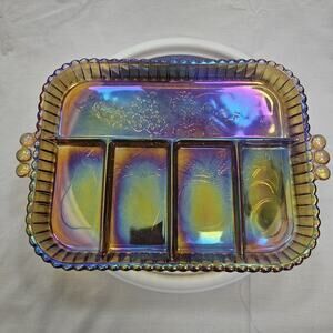 Vintage Indiana Carnival Glass Amber Divided 5 Part Relish Serving Dish, Fruit